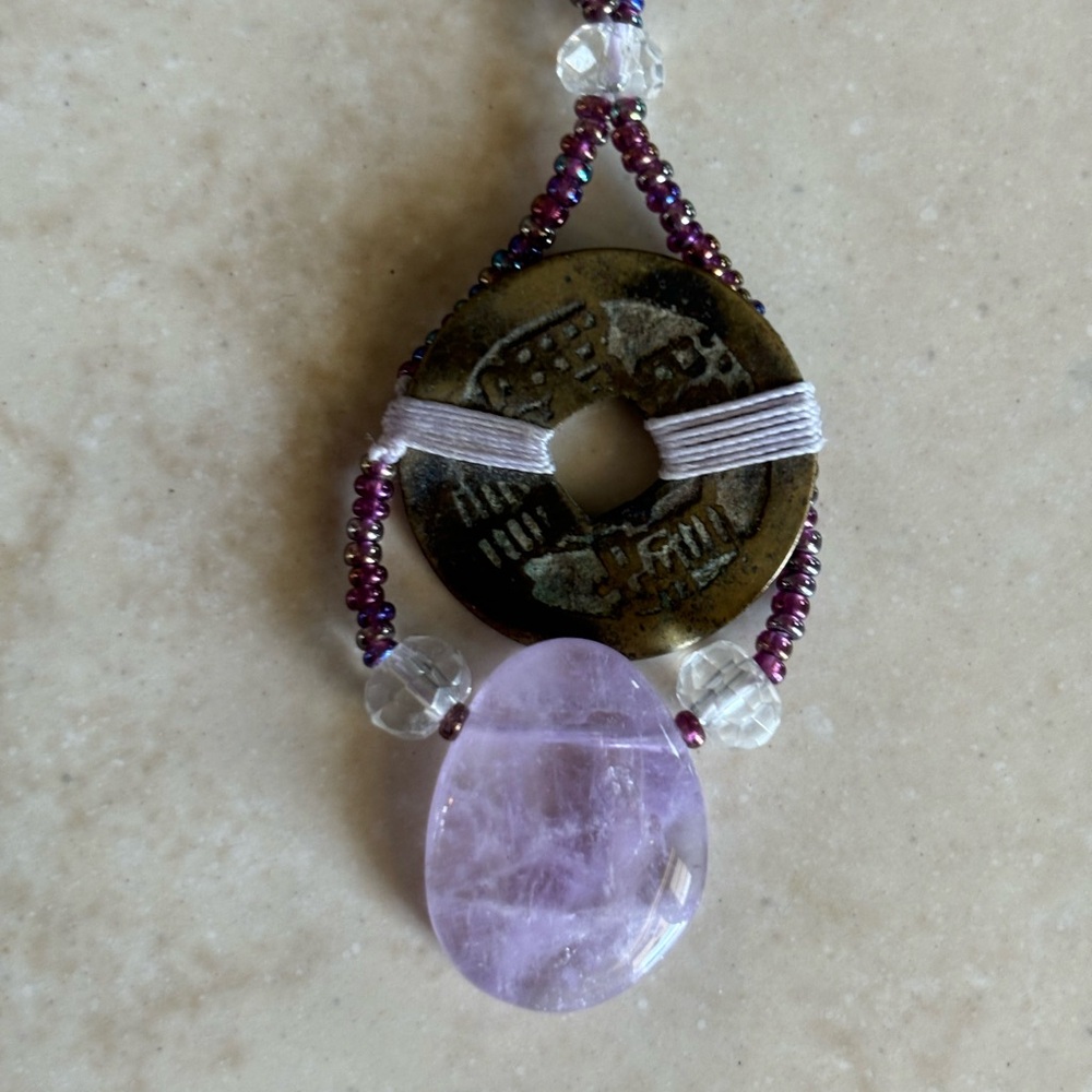 Energy Muse Brass Coin with Purple Beads, Thread and Pendant Stone - Picture 4 of 9